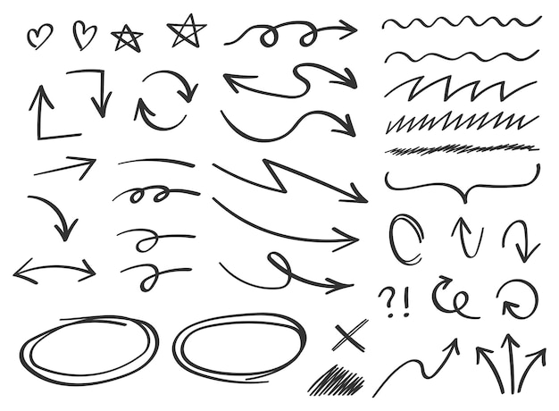 Círculos de flechas y icono de garabato abstracto en estilo dibujado a mano Ilustración de vector pintado a mano sobre fondo aislado Elementos de garabato firman concepto de negocio