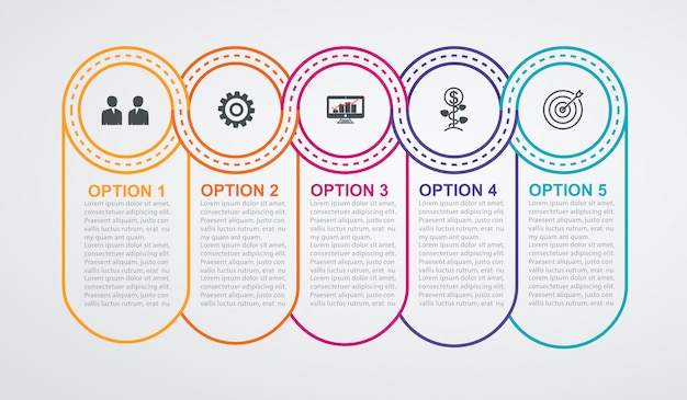 Círculos de la línea de tiempo con 5 pasos. infografía de negocios.