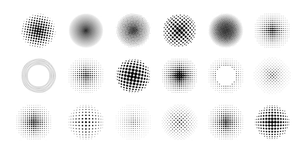 Círculos de medios tonos Círculos geométricos retro con lunares y gradiente de tono formas redondas en blanco y negro para el diseño de impresión Conjunto de vectores