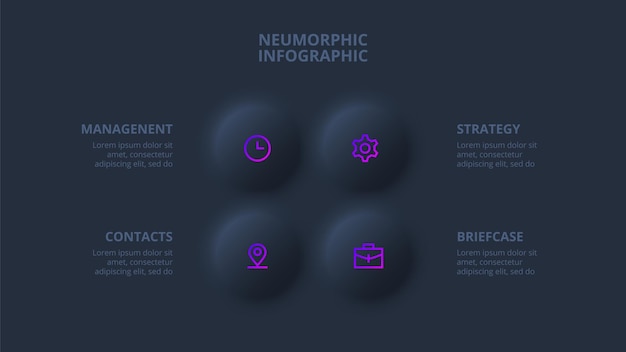 Círculos neumórficos oscuros para infografía plantilla para presentación de diagramas y gráficos