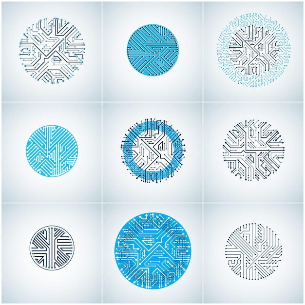 Vector círculos de placa de circuito azul vectorial, abstracciones de tecnologías digitales. conjunto de esquemas de microprocesador de computadora con flechas, colección de diseños futuristas.