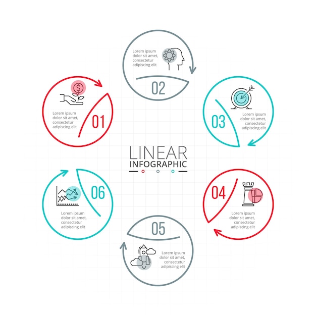 Círculos planos de línea delgada para plantilla infográfica para diagrama de ciclo con 6 pasos o procesos