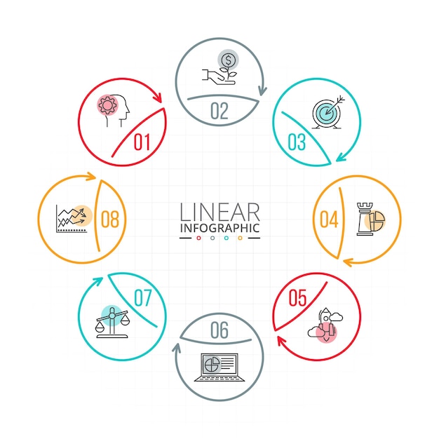 Círculos planos de línea delgada para plantilla infográfica para diagrama de ciclo con 8 pasos o procesos