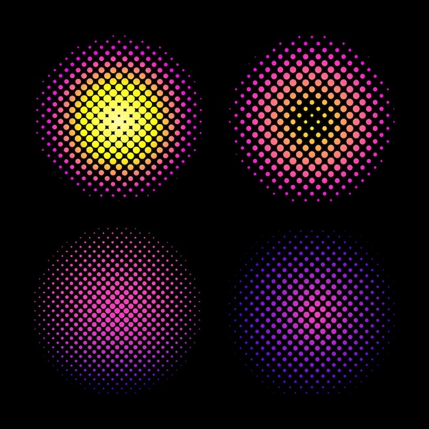 Círculos de puntos de gradiente de medio tono coloridos en fondo negro