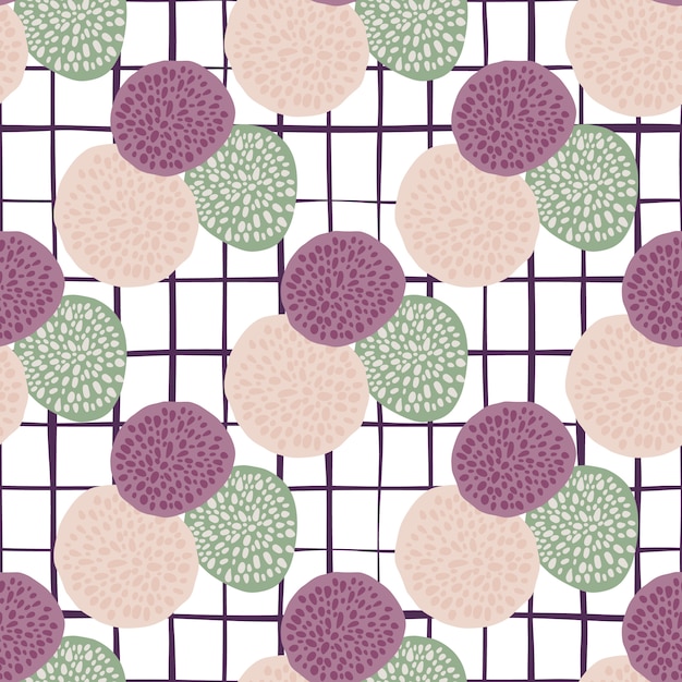 Círculos de puntos patrón de doodle brillante con fondo a cuadros blanco. elementos de figura púrpura, verde claro y rosa.