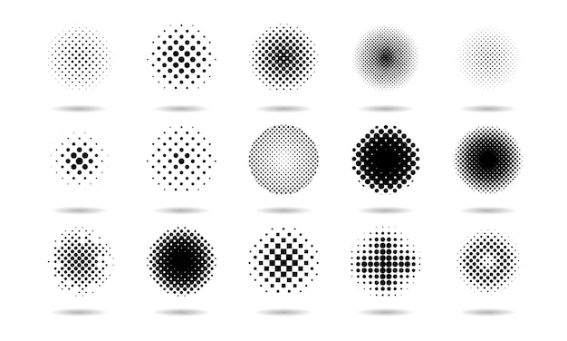 Círculos de puntos Patrón de gradiente de medio tono Elementos aislados abstractos redondos con efecto de punto Imagen desvanecida Conjunto de texturas de pulverización gráfica Puntos punteados de grunge geométrico Fondo negro vectorial