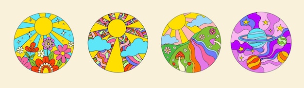 Círculos retro maravillosos con paisajes psicodélicos. Estampado hippie vintage