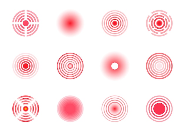 Vector círculos rojos de dolor señal de localización del dolor y puntos de dolor