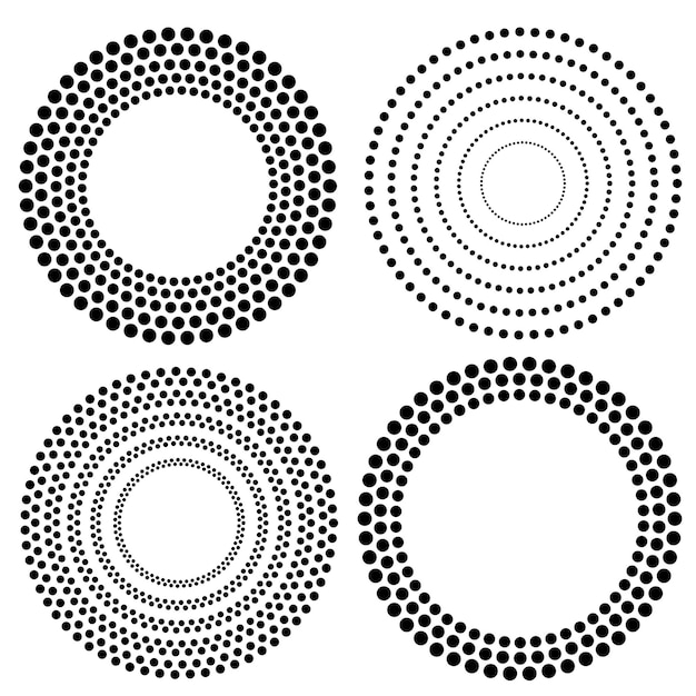 Círculos de semitono de estrellas espiral retorcida Elementos de diseño sobre fondo blanco Ilustración vectorial eps 10 marco con puntos negros aleatorios Icono de borde redondo usando textura de puntos de círculo de semitono