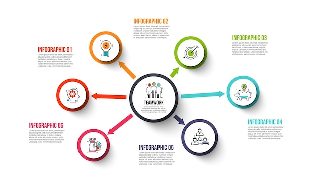 Círculos vectoriales con flechas para infografía concepto de negocio con 6 opciones