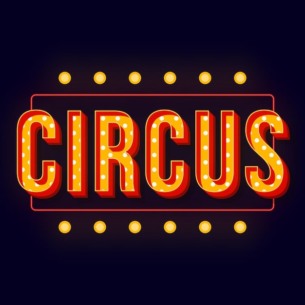 Circus vintage 3d vector letras con marco brillante. fuente negrita retro. texto estilizado de arte pop. letras de estilo de la vieja escuela. afiche, pancarta, diseño de tipografía de carteles. fondo de color azul oscuro