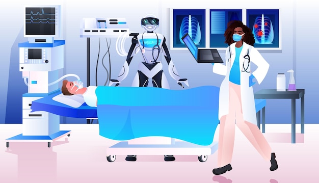 Cirujano con asistente robótico haciendo operación al paciente acostado en la cama concepto de tratamiento médico de emergencia horizontal ilustración vectorial de longitud completa