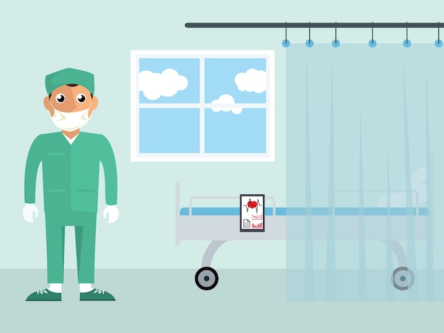 Cirujano en el hospital. Ilustración aislada en estilo de diseño plano