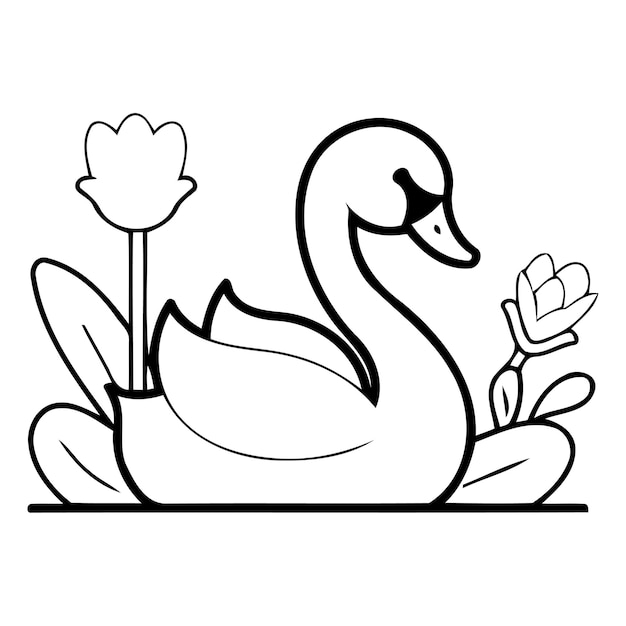 Cisne con flores ilustración vectorial en estilo plano aislado sobre fondo azul