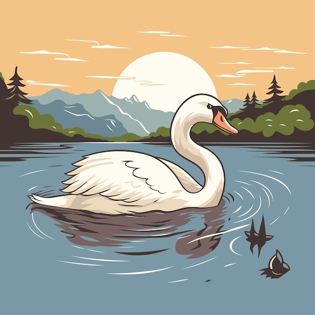 Vector cisne nadando en un lago ilustración vectorial al estilo de dibujos animados
