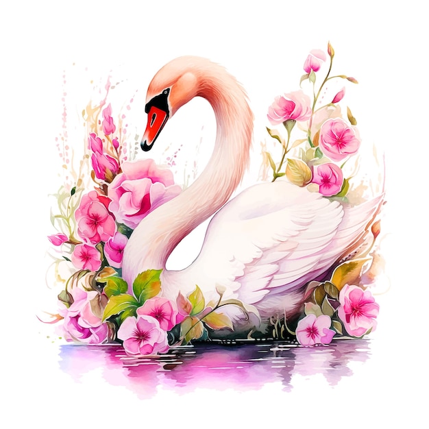 Cisne rodeado de flores pintura de acuarela