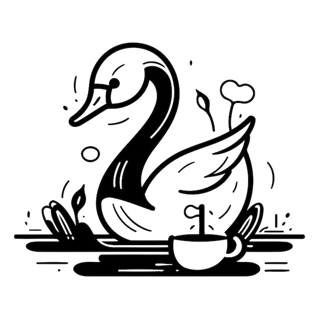 Vector cisne con taza de té ilustración vectorial en estilo doodle