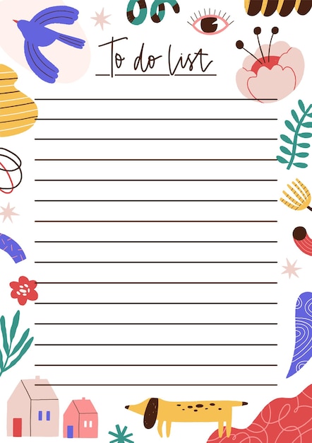 Cita infantil para hacer una lista de ilustración vectorial plana. Planificador moderno decorado con colores o plantilla de página de cuaderno con lugar para texto. Hoja abstracta de animales, casa, mancha, pájaro y planta.