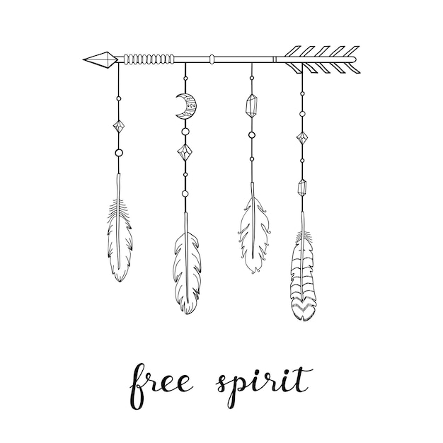 Cita inspiradora espíritu libre cartel con plumas de flecha indias boho dibujadas a mano y letras