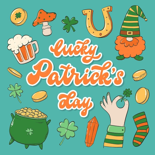 Cita de letras del día de Patrick decorada con dibujos lindos para carteles impresos de tarjetas de felicitación