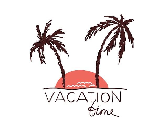 Cita de letras escritas a mano en tiempo de vacaciones playa de verano con dos palmeras y sol al atardecer ilustración