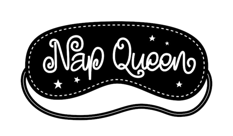 Vector cita de letras de la mano de la reina de la siesta con florituras e ilustración de antifaz para dormir accesorio para dormir blackout protección para los ojos