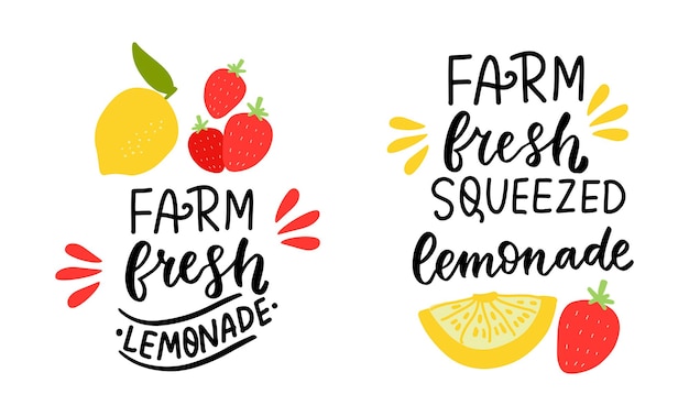 Cita de limonada recién exprimida de granja con limones y etiqueta de limonada hecha a mano de verano de granja de fresas