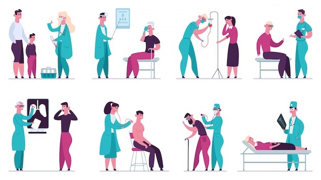 Cita médica con el médico. Chequeo médico, atención médica hospitalaria, ultrasonido y vacunación, conjunto de ilustraciones clínicas. Colección hospitalaria de diagnóstico médico