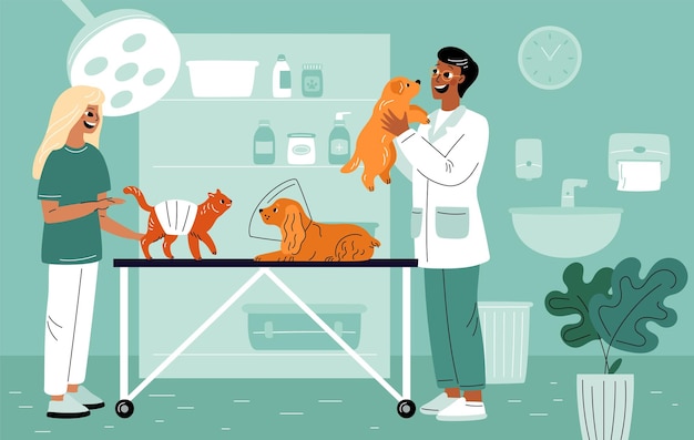 Cita con el médico veterinario Dibujos animados de personas y mascotas Cirugía de animales Veterinario que examina a los pacientes Inspección de cachorros Hospital veterinario Tratamiento de gatos o perros Concepto de vector chillón