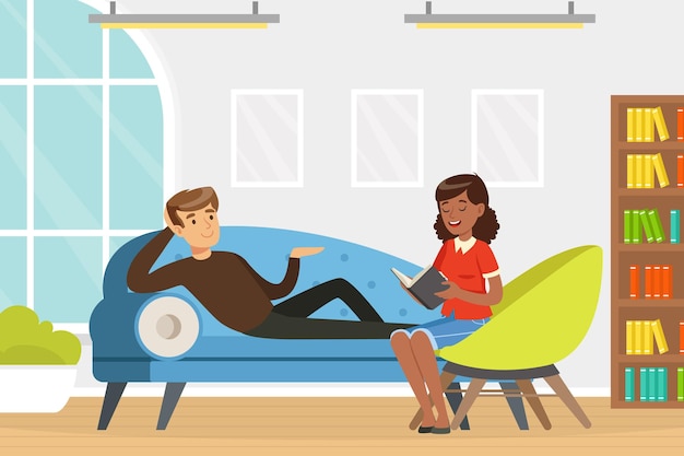 Cita con un psicólogo con un hombre que tiene una ilustración vectorial de terapia individual