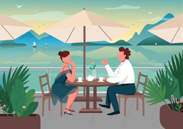 Cita romántica en la ilustración de color plano de balneario
