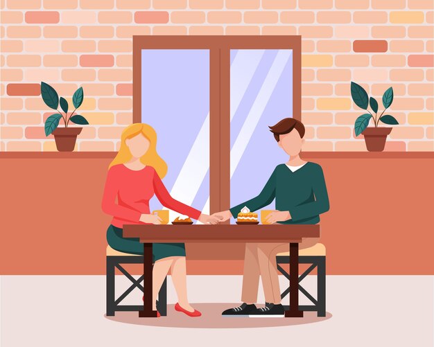 Cita romántica. pareja joven en un acogedor café. ilustración de vector de estilo plano