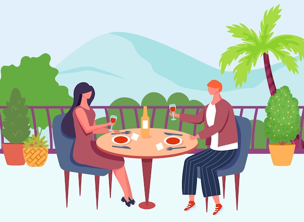 Cita romántica en el techo Pareja sentada en la mesa y bebiendo vino Hombre y mujer relajándose en la azotea teniendo vacaciones Relaciones amorosas novia y novio descansando juntos vector