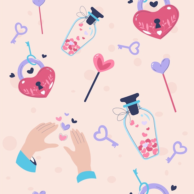 Vector citas y celebración del candado del día de san valentín en forma de corazón manos con confeti y botella o frasco llaves y patrón floral sin costuras o papel tapiz de fondo vector en estilo plano