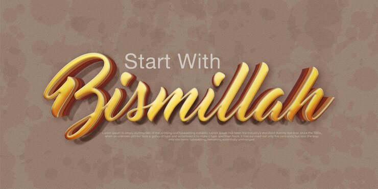 Vector las citas creativas de estilo 3d comienzan con la plantilla de efecto de estilo editable bismillah