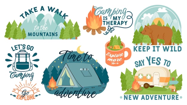 Citas y elementos de motivación para acampar, hacer caminatas y aventuras al aire libre Eslóganes de viaje con carpa de bosque de montañas y juego de vectores de fogata