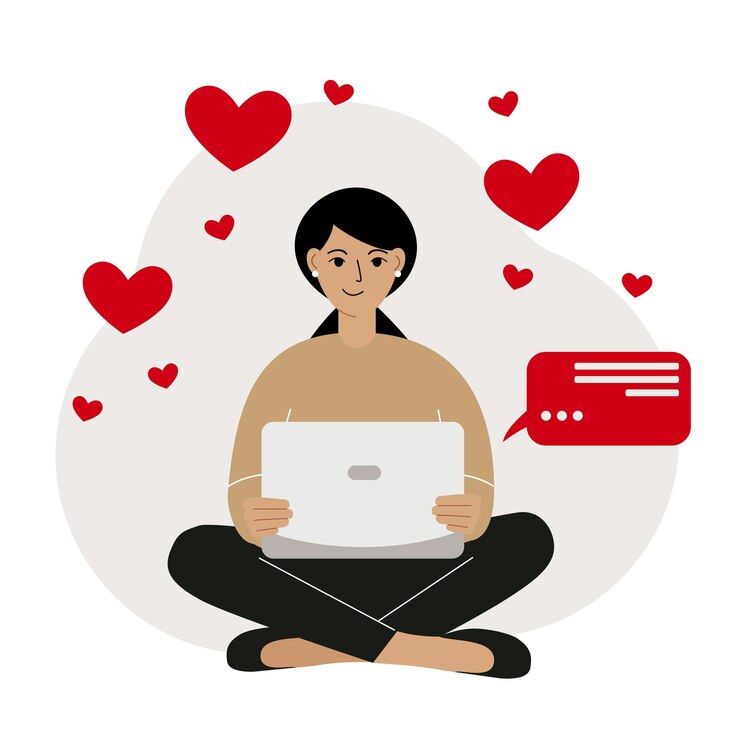 Vector citas en línea, amor, concepto de romance. la mujer sonriente está sentada con las piernas cruzadas con una computadora portátil con corazones voladores alrededor, sintiéndose feliz. realiza correspondencia. ilustración vectorial plana