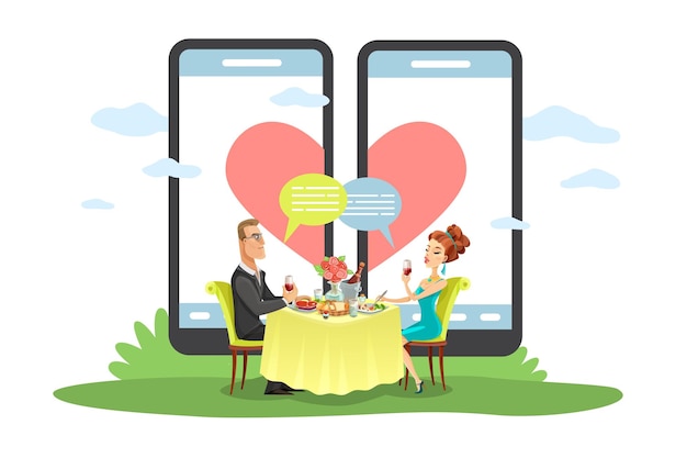 Citas en línea aplicación móvil para comunicación remota teléfonos inteligentes enormes con signo de corazón en la pantalla hombre y mujer tienen cena romántica aplicación de amor web concepto plano de dibujos animados vectorial