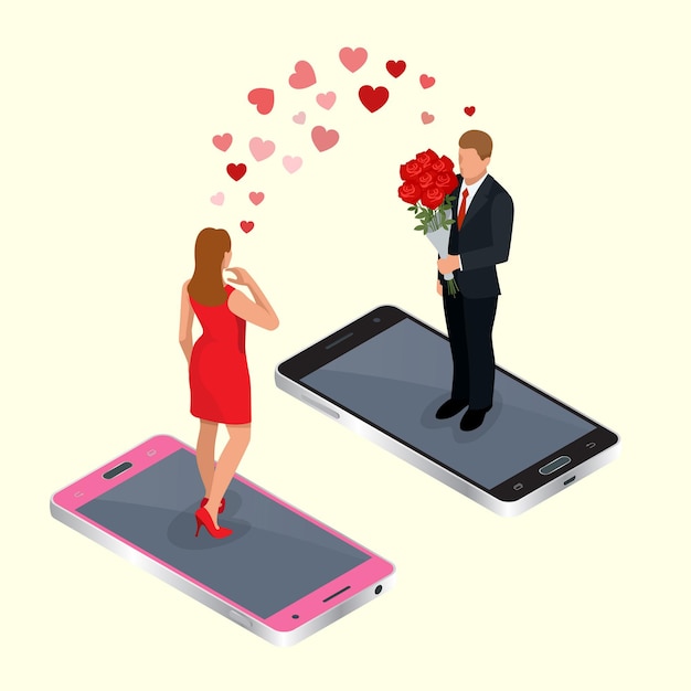 Citas en línea. Concepto de aplicación de citas en línea con hombre y mujer. Ilustración isométrica de vector plano 3d. Citas en línea por Internet. Concepto de amor en línea