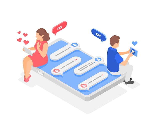 Citas en línea isométricas Hombre y mujer usando teléfonos inteligentes para una conversación romántica Comunicación digital moderna escena vectorial aislada impecable