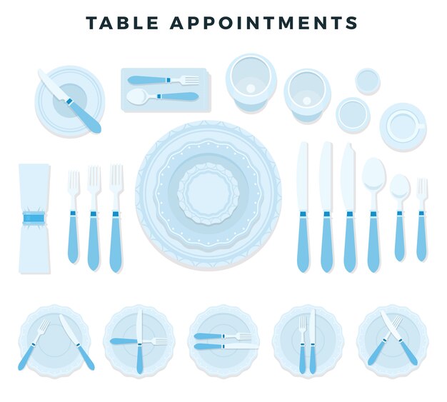 Citas de mesa. Set de cubiertos: tenedores, cuchillos, cucharas, platos, servilletas, vasos, taza, plato. Ilustracion vectorial