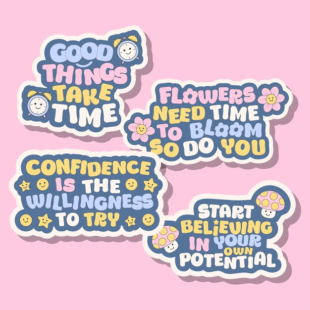 Citas motivacionales retro vectoriales con hermosas pegatinas de flores o etiquetas o juegos de insignias