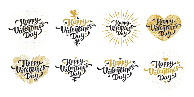 Citas de oro feliz día de san valentín y letras con corazones y cupidos en vintage