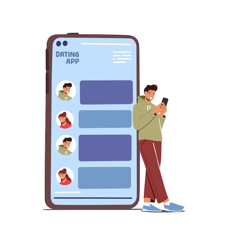 Vector citas de personajes masculinos en línea usando la aplicación en el teléfono comunicación de servicio virtual a distancia ilustración vectorial