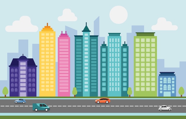 Vector city cityscape skyline landmark building traffic street