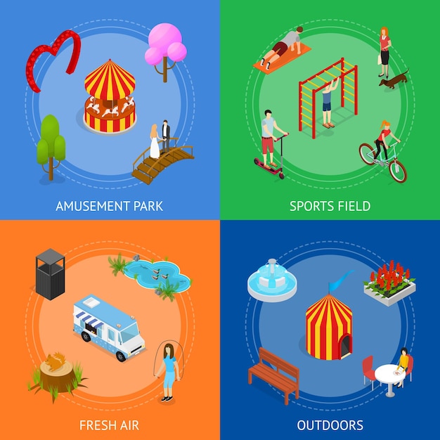 City Public Park o Square Banner Card Set 3d Vista isométrica Vector