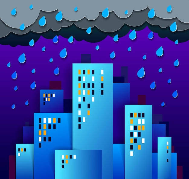 La ciudad alberga edificios bajo la lluvia en la ilustración de vector de estilo de juego de niños de dibujos animados de corte de papel de noche, diseño minimalista moderno de lindo paisaje urbano, vida urbana, nubes y lluvia en el cielo a medianoche.