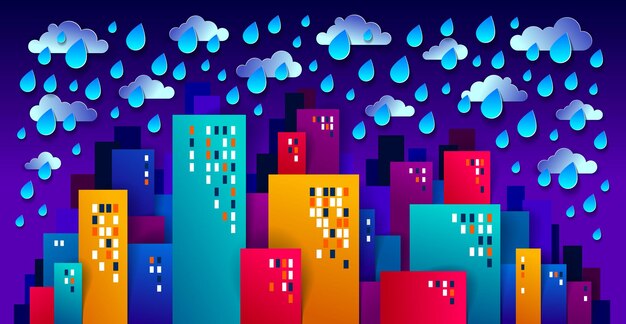 La ciudad alberga edificios bajo la lluvia en la ilustración de vector de estilo de juego de niños de dibujos animados de corte de papel de noche, diseño minimalista moderno de lindo paisaje urbano, vida urbana, nubes y lluvia en el cielo a medianoche.