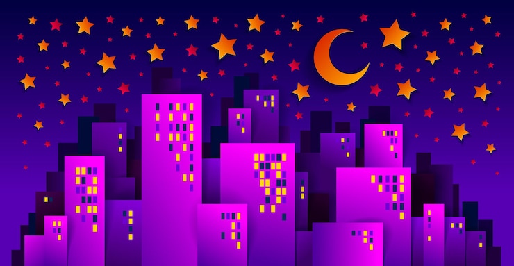 Vector la ciudad alberga edificios en la noche con luna y estrellas, ilustración vectorial de estilo de juego de niños de dibujos animados cortados en papel, diseño minimalista moderno de lindo paisaje urbano, vida urbana, hora de la medianoche.