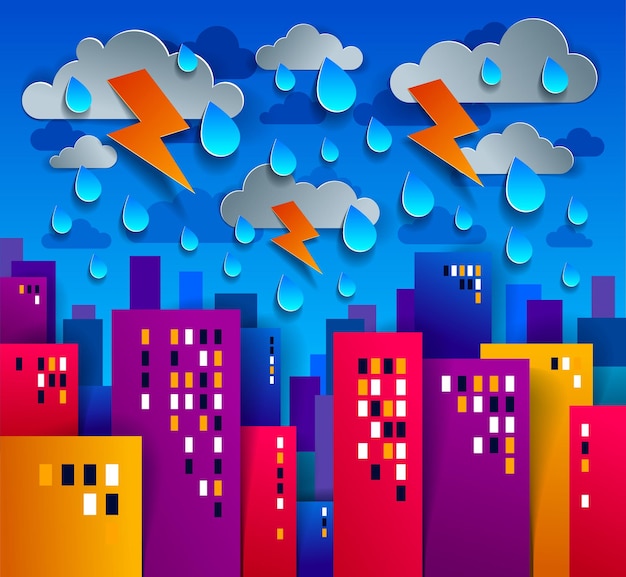 La ciudad alberga edificios bajo tormentas y relámpagos, dibujos animados cortados en papel para niños, estilo de juego, ilustración vectorial, diseño minimalista moderno de lindo paisaje urbano, vida urbana, nubes y lluvia en el cielo.